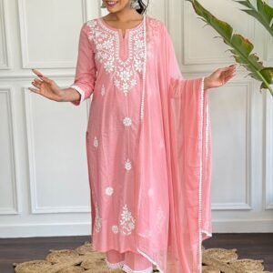 Peach Chikankari Cotton Kurta Set With Dupatta
