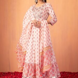 Ivory Floral Print Cotton Anarkali Kurta With Printed Pants And Dupatta (Set of 3)